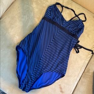 Athleta Blue and Black Striped One-Piece Swimsuit